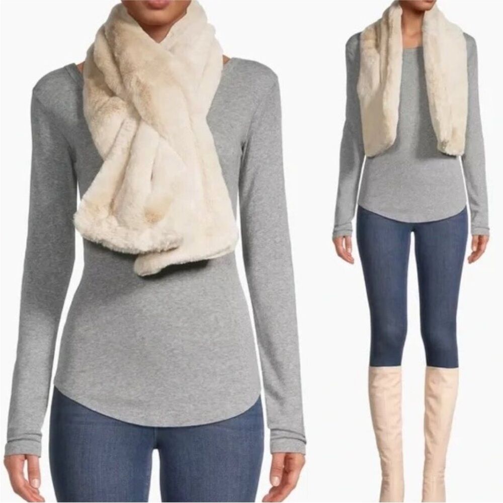 NWT Apparis Ivory Faux Fur Crisscross Scarf Winter Wrap One size 46" x 8"
